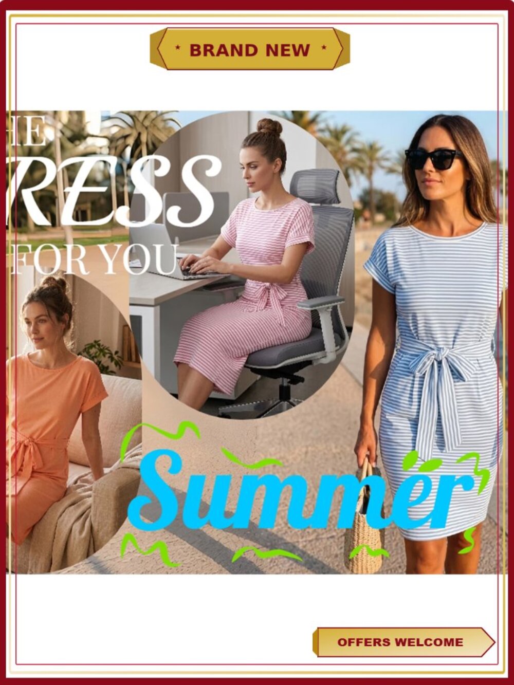 Striped T Shirt Dress Casual Midi Sundress with Pockets - Picture 4 of 6